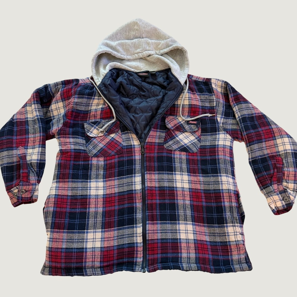 Dickies Mens Plaid Hooded Flannel Jacket Red Blue Quilted Lined Zip Up Size L